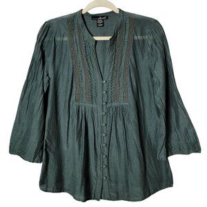 Willi Smith Womens Silk Blend Boho Peasant Pleated Bell Sleeve Button Up Top L